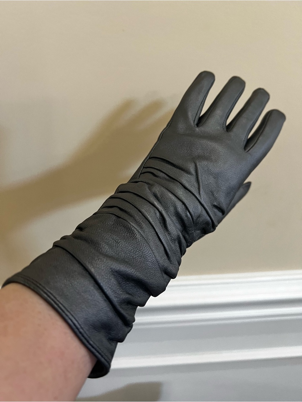 Metallic Charcoal Grey Ruched Genuine Leather 12” Gloves with Zipper.